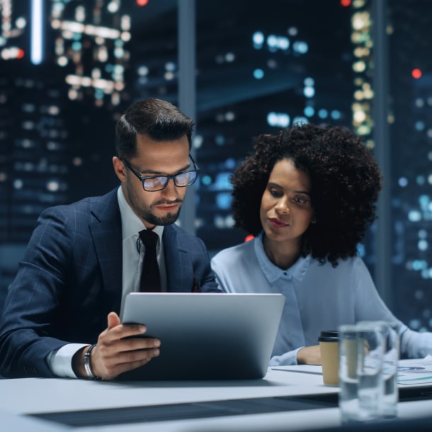 Colegas de trabalho a olhar para computador